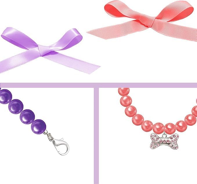 2 Pcs Dog Cat Pearl Collar Necklace with Rhinestone Bone