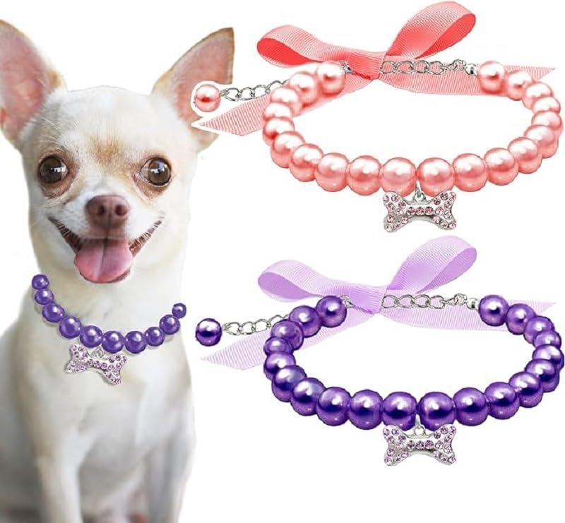 2 Pcs Dog Cat Pearl Collar Necklace with Rhinestone Bone
