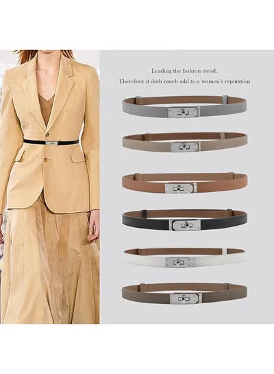 Women's Skinny Leather Belt with Adjustable Silver Turn-Lock Buckle
