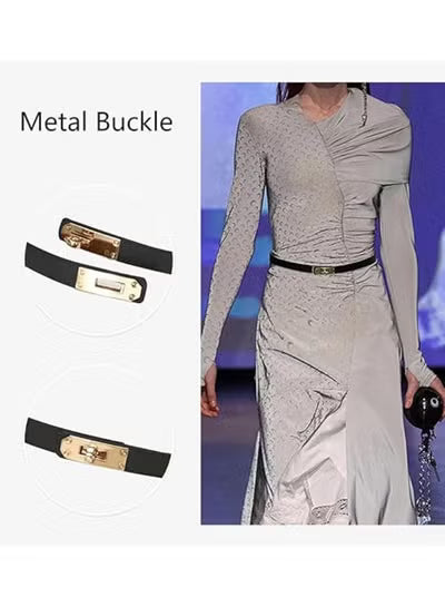 Women's Skinny Leather Belt with Adjustable Silver Turn-Lock Buckle