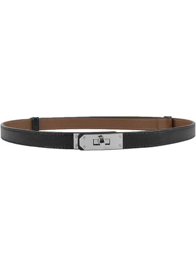 Women's Skinny Leather Belt with Adjustable Silver Turn-Lock Buckle