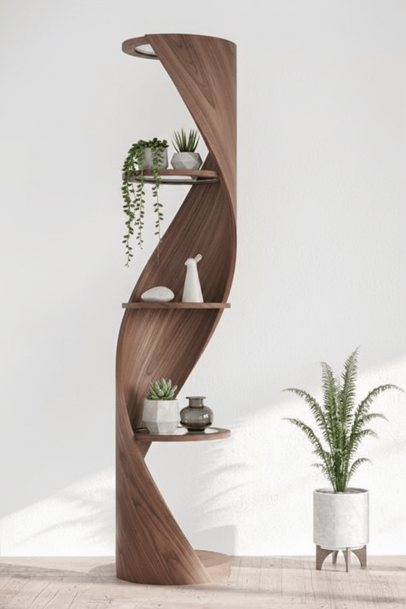 Handcrafted Twisted Spiral Tower Shelf – Made to Order | Sculptural Walnut Display Shelf - M&M