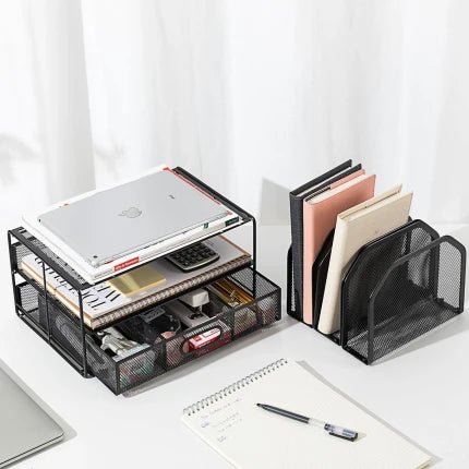Amazon Basics Mesh Desk Organizer with Sliding Drawer, Double Tray and 5 Upright Sections, Black - M&M