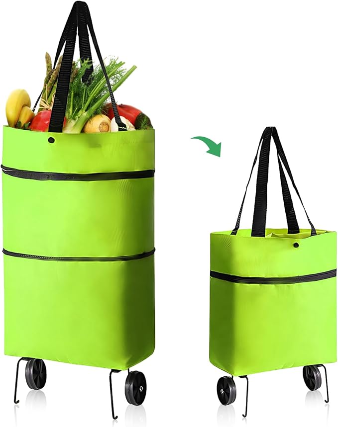 Collapsible Shopping Trolley with Wheels (16 Gallon) – Foldable Grocery Bag & Reusable Cart for Heavy Duty Shopping, Green - M&M