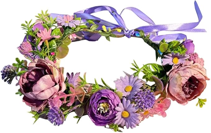 Elandy Boho Flower Headband with Adjustable Ribbon Headpiece Floral Crown - M&M