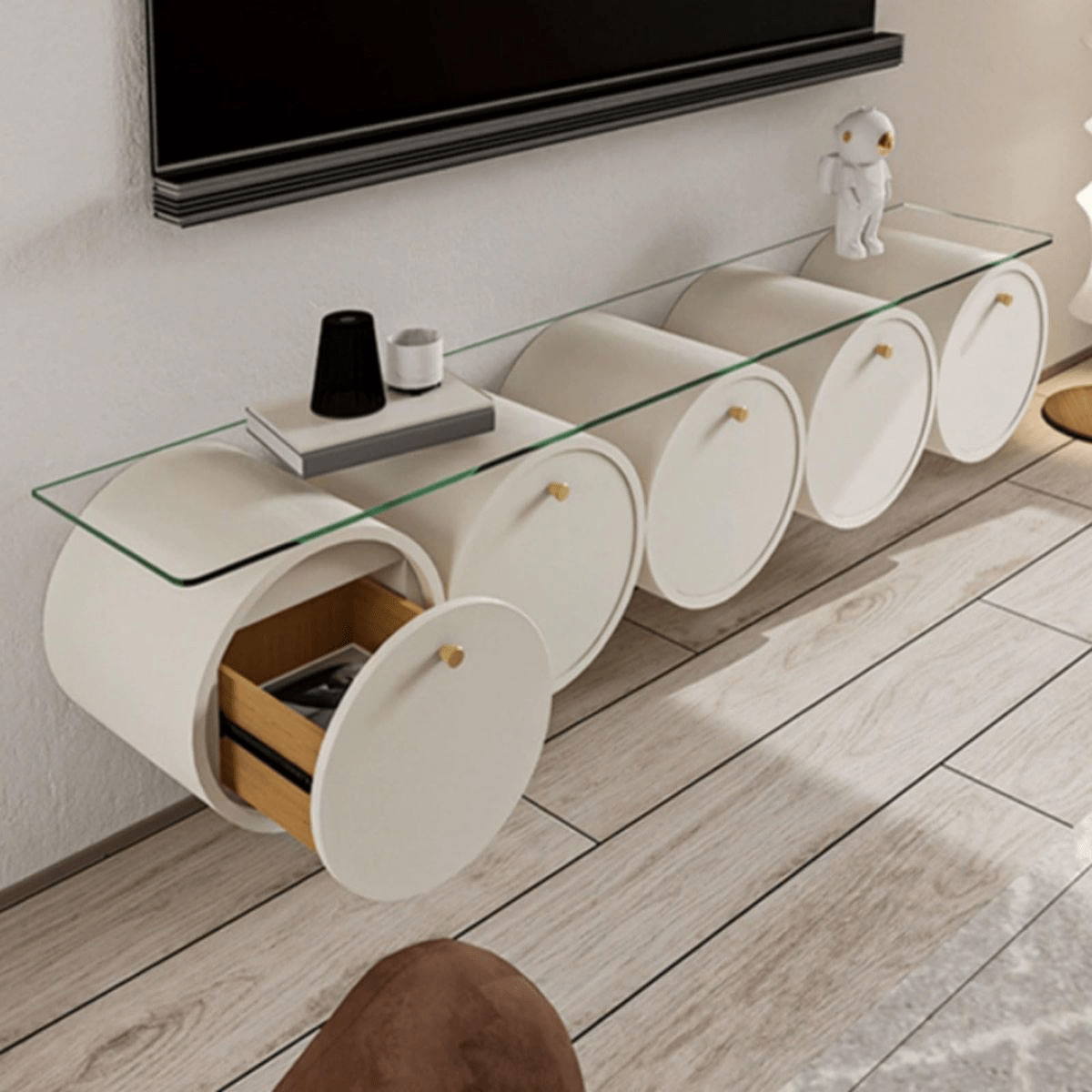 Cylindrical Drum TV Console – White with Glass Top & Gold Handles | وحدة تلفزيون أسطوانية – أبيض بسطح زجاجي ومقابض ذهبية - M&M