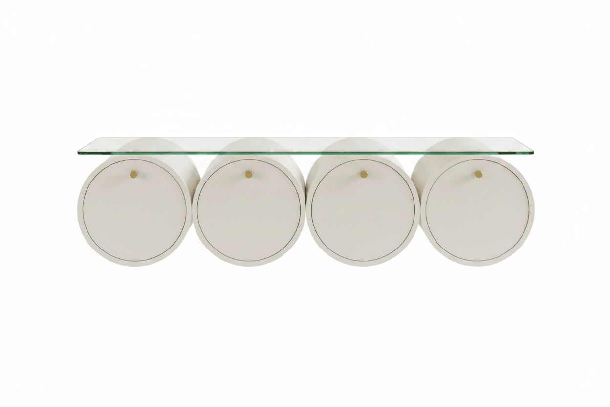 Cylindrical Drum TV Console – White with Glass Top & Gold Handles | وحدة تلفزيون أسطوانية – أبيض بسطح زجاجي ومقابض ذهبية - M&M