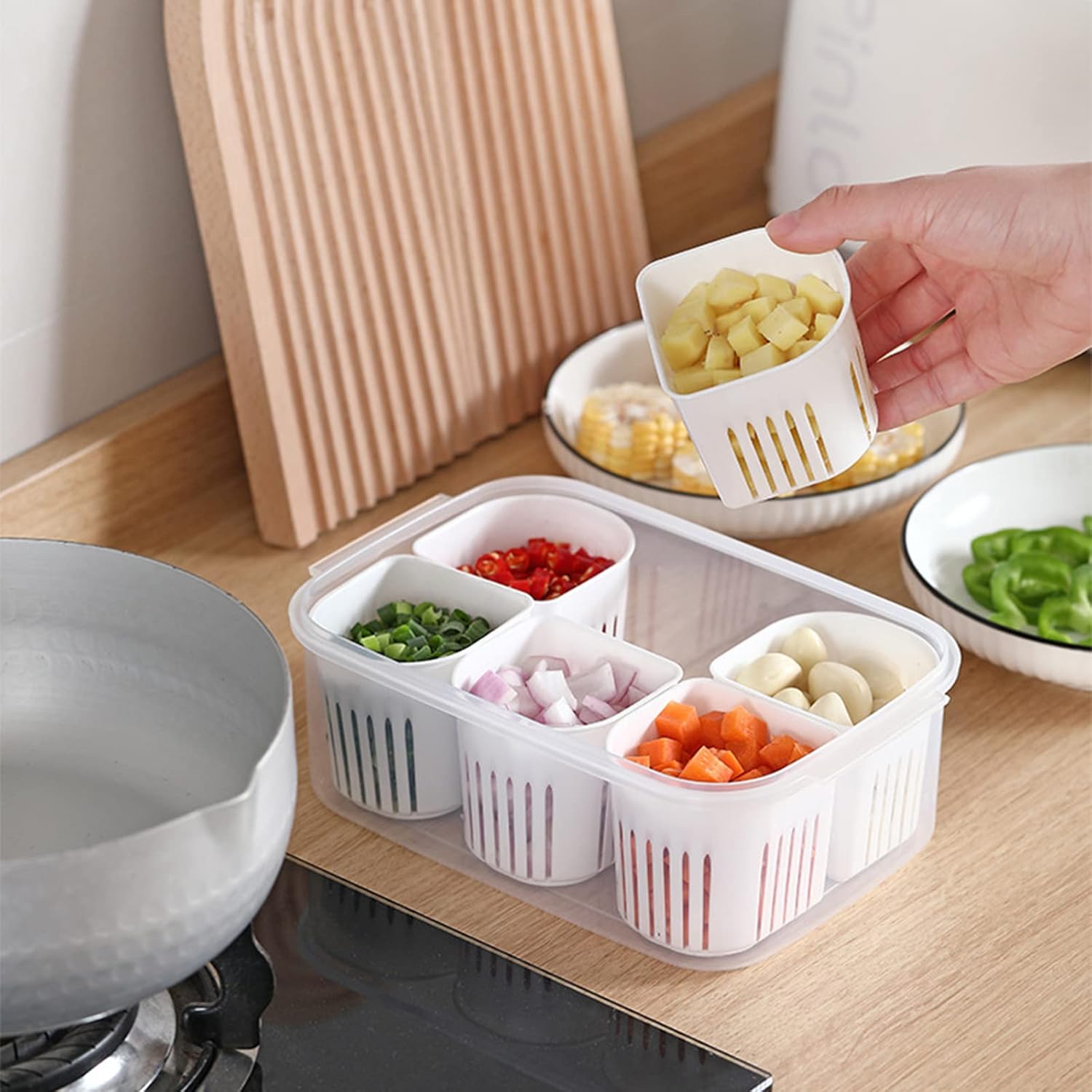 Fofetbfo Vegetable Organizer Box with 6 Removable Drain Baskets – Multi - Compartment Food Storage for Ginger, Garlic & Green Onion - M&M