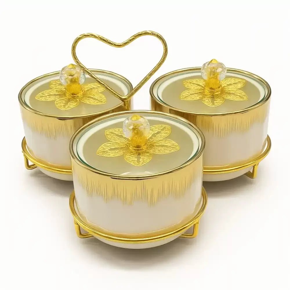 3 - Piece Porcelain Snack Bowl Set – Glass Lids & Heart - Shaped Golden Steel Stand - M&M