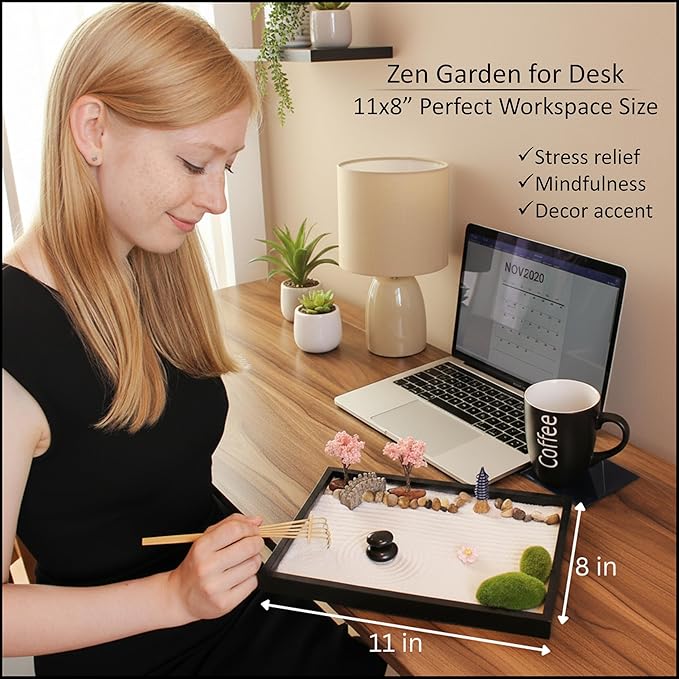 Zen Garden Kit 11x8in Beautiful Premium Japanese Mini Rock Garden Gift Set. Home - M&M