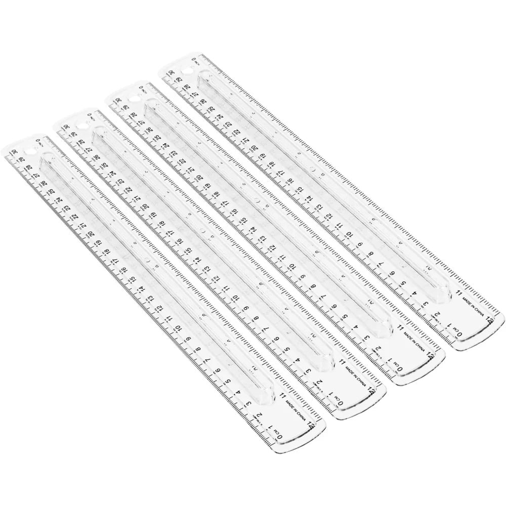 Amazon Basics 12 - Inch Plastic Ruler with Finger Grip, 4 - Pack, Clear - M&M