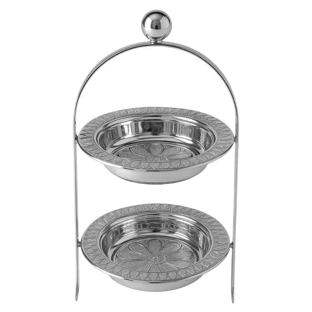 Elegant 2 - Tier Floral Metal Cake & Snack Stand – Silver – 15x34cm – With Carry Handle - M&M