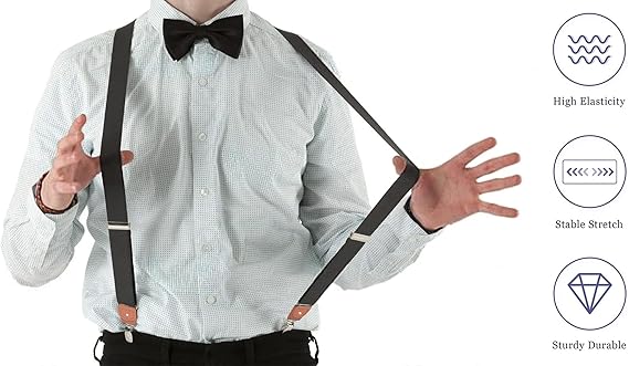 Mens Suspenders, Brown Leather Button Tab and Clip Braces, Heavy Duty - M&M