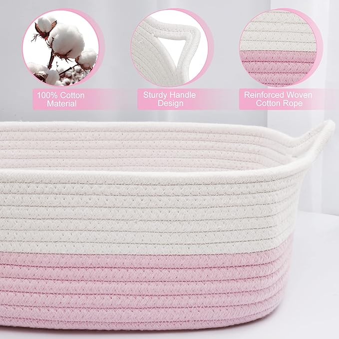 ABenkle Rope Storage Basket, Cotton Woven Pink Baby Girl Basket, Cube Soft - M&M
