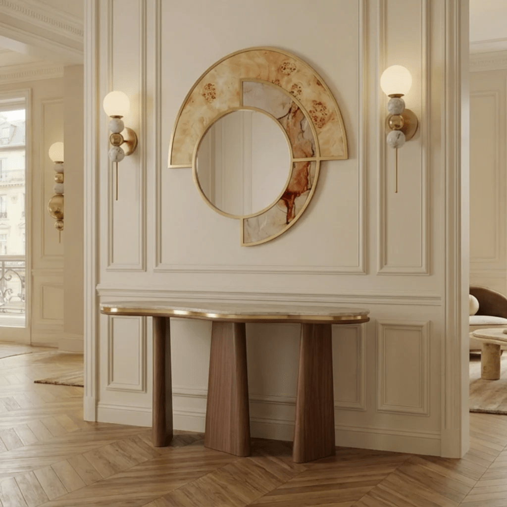 Elara Console Table – Handcrafted Walnut & Gold | طاولة إيلارا – جوز وذهب مصنوعة يدوياً - M&M