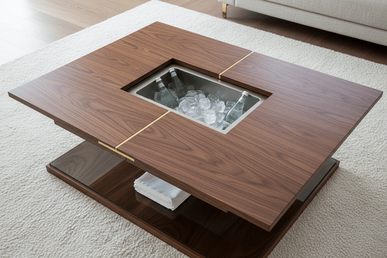 Smart Extendable Coffee Table with Built - In Ice Bucket | طاولة قهوة ذكية قابلة للتمدد مع ثلاجة مدمجة - M&M