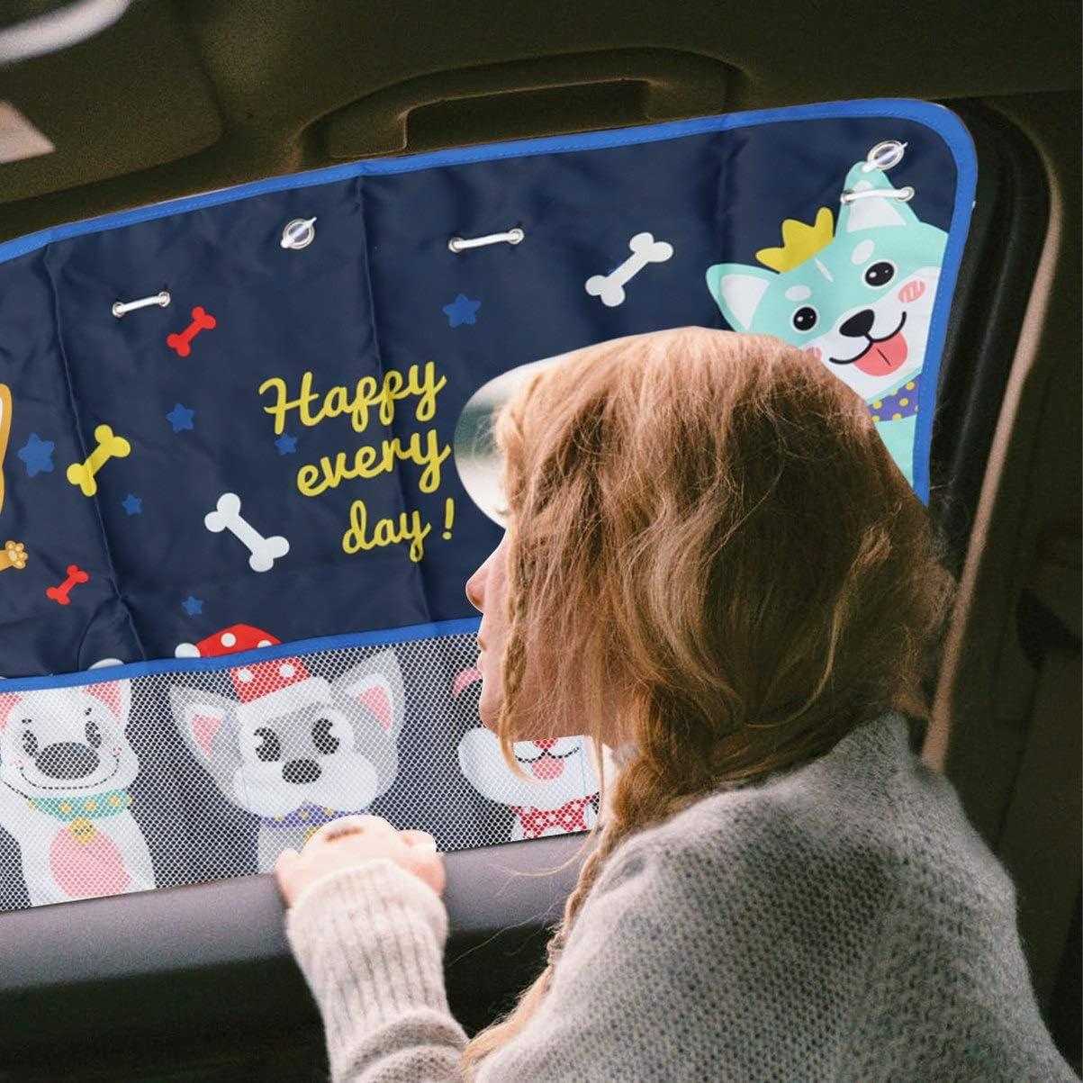 Garneck Cartoon Dogs Car Sunshade with Net Bag Side Window Visor for Uv - M&M