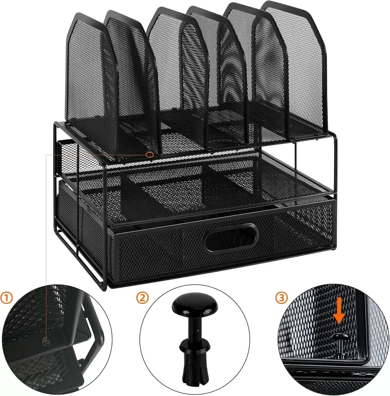 Amazon Basics Mesh Desk Organizer with Sliding Drawer, Double Tray and 5 Upright Sections, Black - M&M