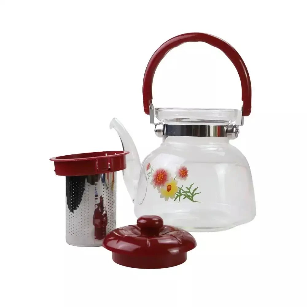 Heat Resistant Borosilicate Glass Tea and Coffee Pot with Removable Stainless Steel Strainer and Ergonomic Comfort Handle - 1400ml Large Capacity for Home and Office - M&M