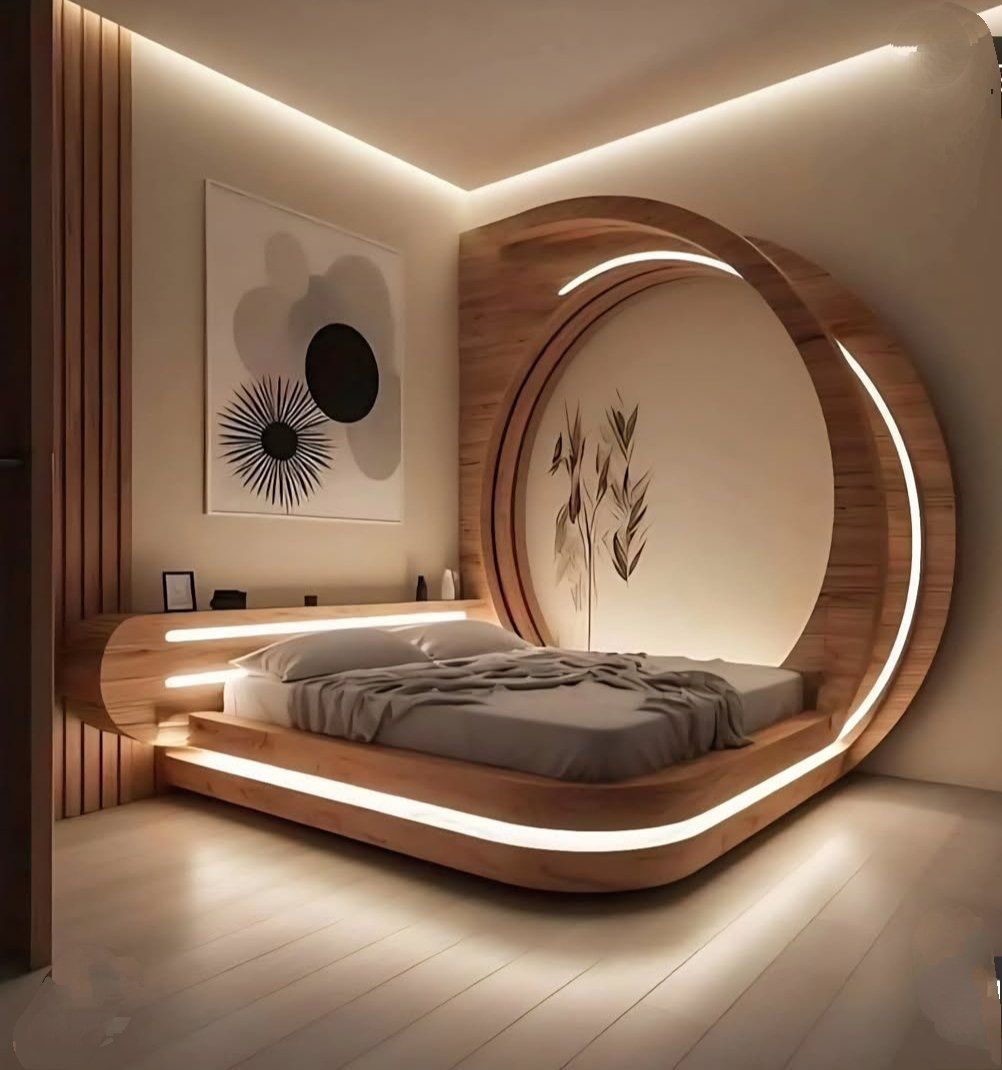 Handcrafted Arch LED Platform Bed – Made to Order | Luxury Walnut Headboard with Floral Art | سرير منصة LED بقوس مصنوع يدوياً – حسب الطلب - M&M