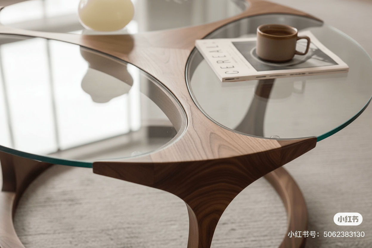 Handcrafted Glass & Walnut Sculptural Coffee Table – Made to Order | Tri - Blade Design - M&M