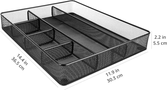 Metal Mesh Desk Drawer Organizer – 6 Compartments, Anti - Slip Office & Home Desktop Storage | Black - M&M