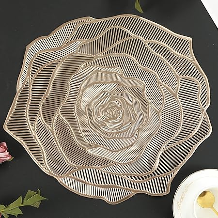 Gold Placemats Pressed Vinyl Round Placemats Set of 6 Pretty Rose Shape - M&M