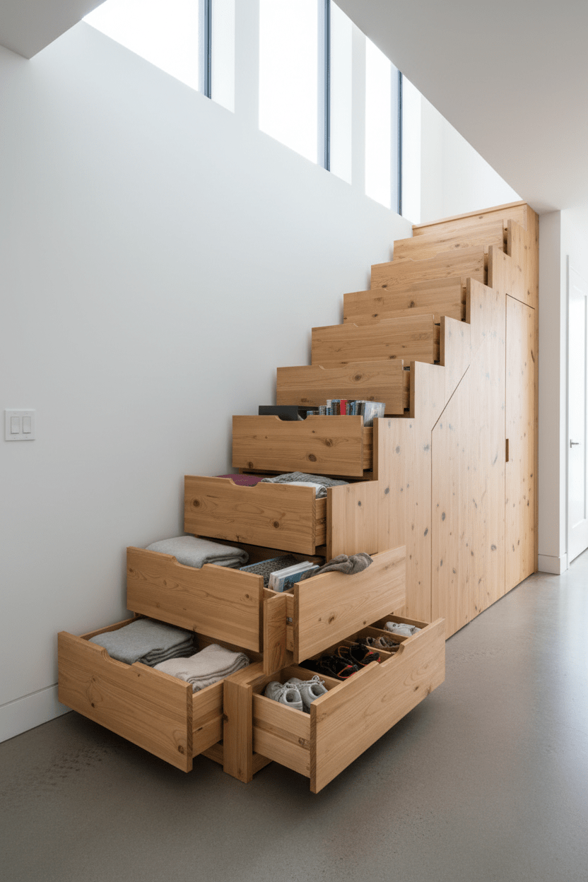 Wooden Staircase with Built - In Pull - Out Storage Drawers | درج خشبي مع أدراج تخزين مدمجة - M&M