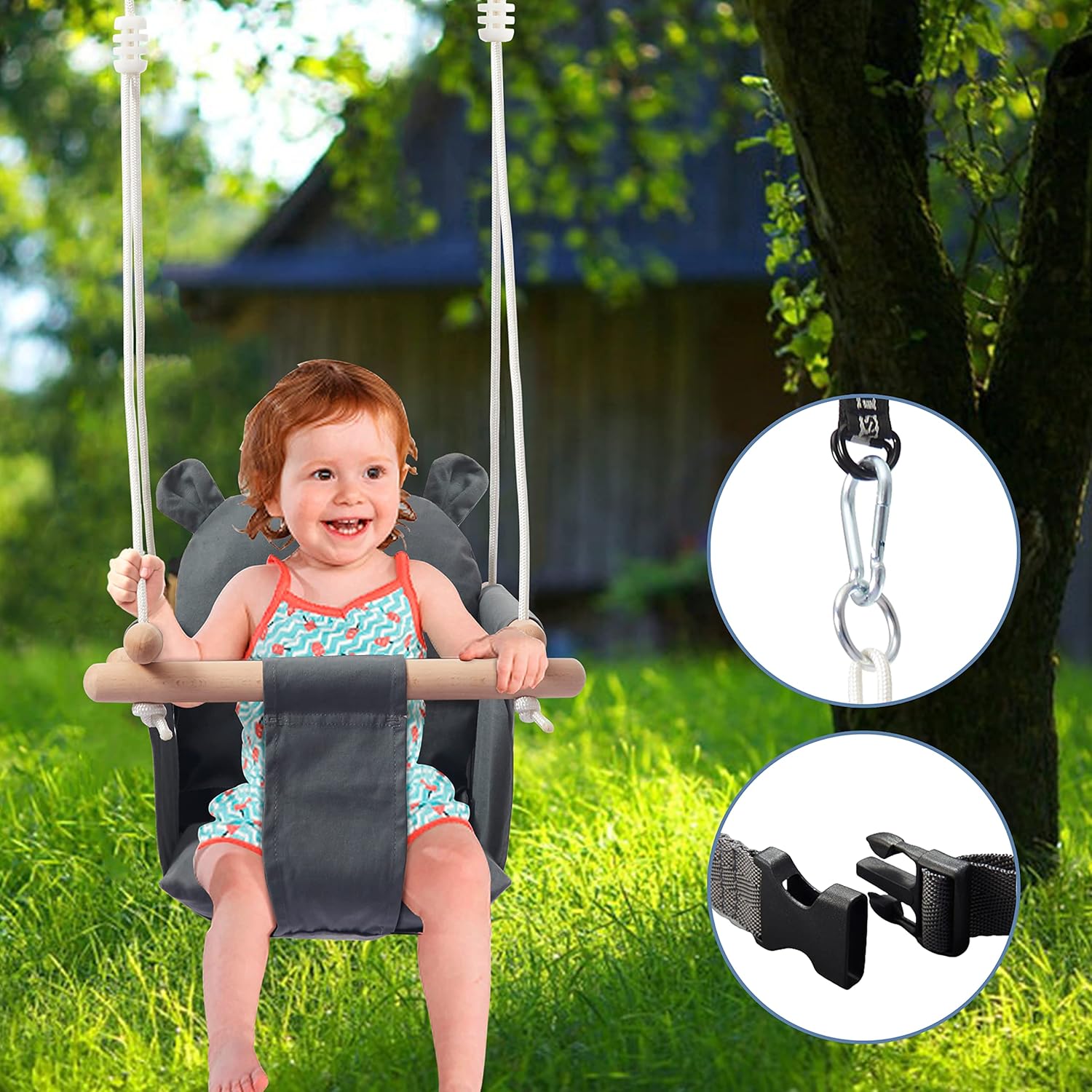 Secure Baby Canvas & Wooden Swing Seat with Safety Belt – Hanging Indoor & Outdoor Toddler Swing with Ear Décor Cushion - M&M