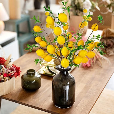 4Pcs Artificial Lemons Branch, Vivid Yellow Fake Lemons Branch with Green Leaves | 4 قطع غصن ليمون اصطناعي بألوان زاهية