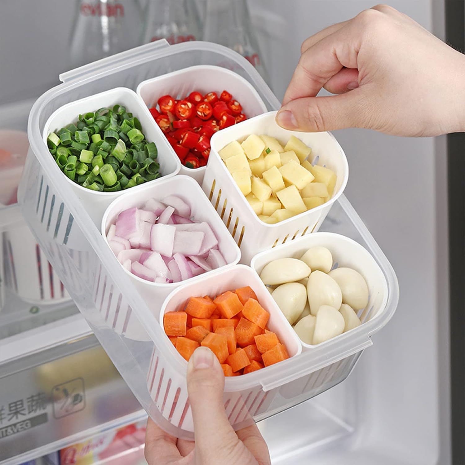 Fofetbfo Vegetable Organizer Box with 6 Removable Drain Baskets – Multi - Compartment Food Storage for Ginger, Garlic & Green Onion - M&M