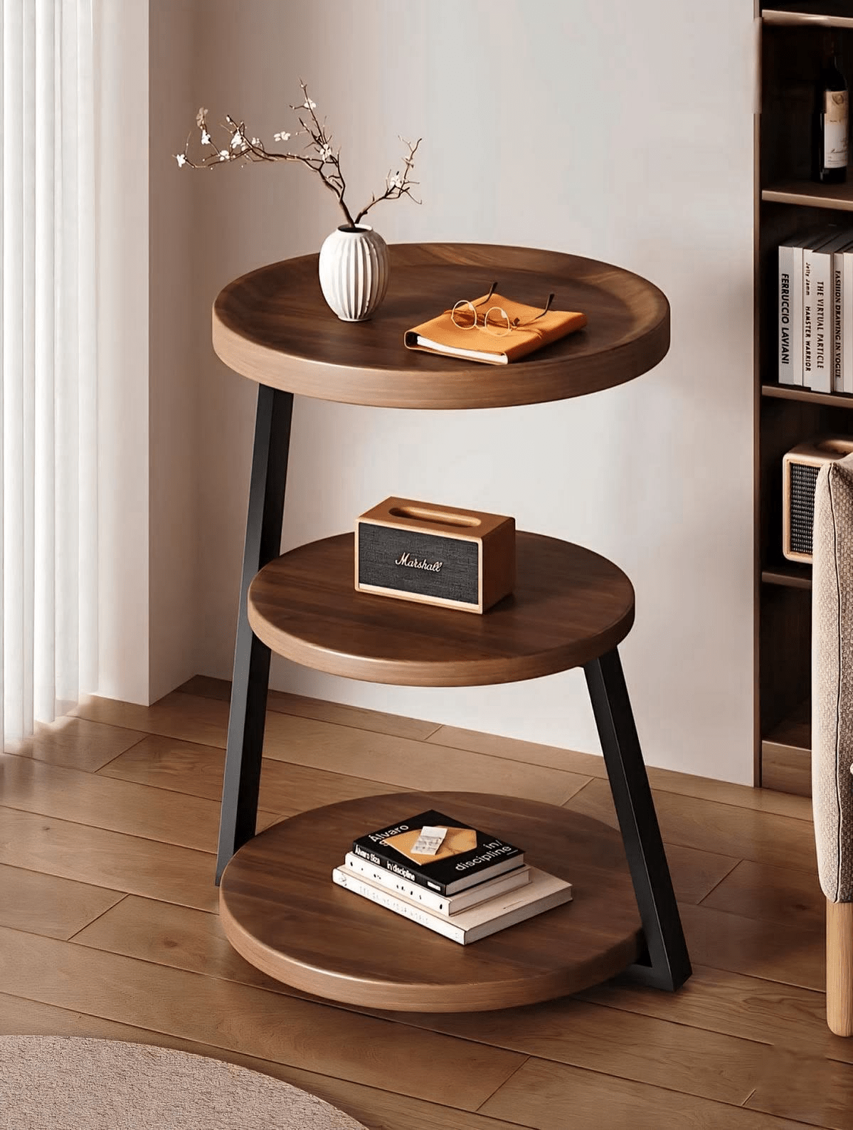 Handcrafted 3 - Tier Round Walnut Side Table – Made to Order | Black Metal Frame - M&M