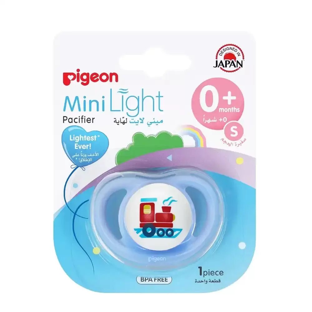 Pigeon MiniLight Pacifier – Train Print – Teeth Friendly – 0+ Months – Blue - M&M
