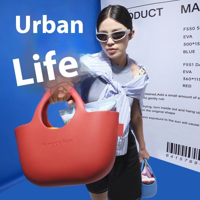 Fungoofun Classic Washable Rubber Tote Beach Bag for Women - Durable Waterproof EVA Material Travel Handbag, Sandproof and Easy to Clean with Non - Slip Bottom in Vibrant Red - M&M