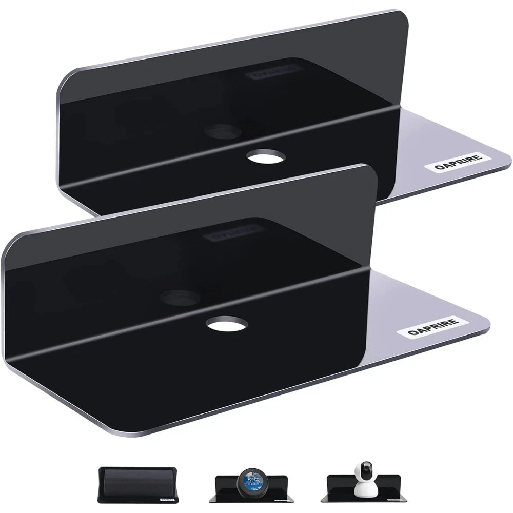 OAPRIRE Acrylic Floating Wall Shelves Set of 2, Damage - Free Expand Wall Space, Black Small Wall Shelf for Smart Speaker, Action Figures, Monitor with Cable Clips, Stick on, No Drill - M&M