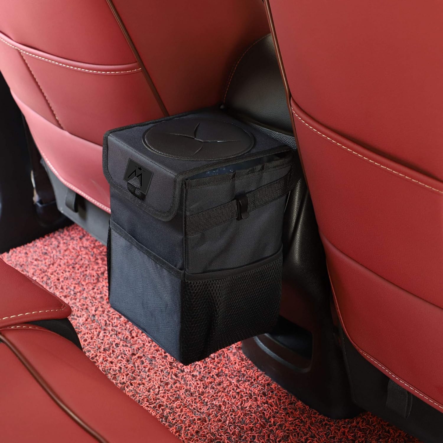 tbp Leakproof Car Trash Can with Lid – Waterproof Automotive Garbage Bag & Vehicle Waste Bin with Storage Pockets - M&M