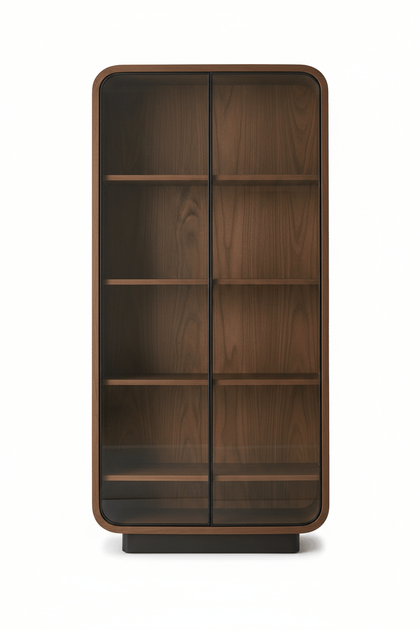 Handcrafted Walnut Glass - Door Bookcase Cabinet – Made to Order | Rounded Display Shelf - M&M