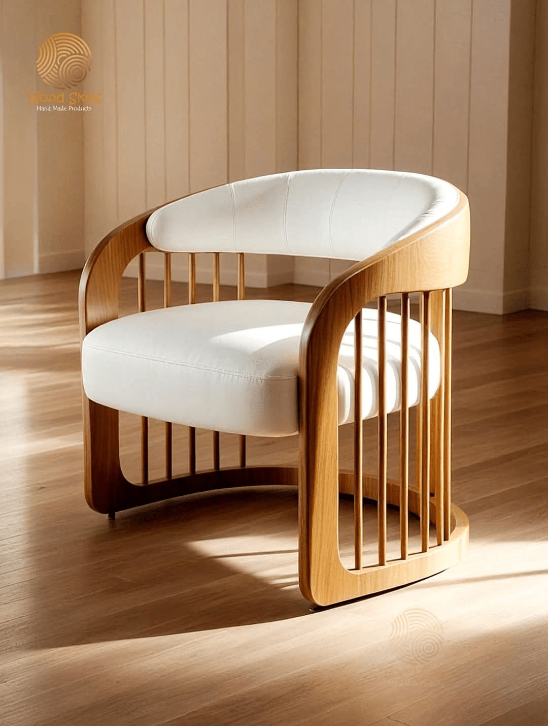 Barrel Spindle Accent Chair – Handcrafted Oak & White Upholstery | كرسي برميل منحوت – خشب بلوط وتنجيد أبيض مصنوع يدوياً - M&M