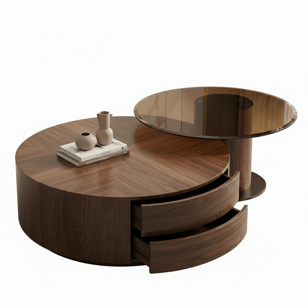 Round Walnut Coffee Table Set – Herringbone Top & Smoked Glass Side Table | طقم طاولة قهوة دائرية جوز – سطح هيرينغبون وطاولة جانبية بزجاج مدخّن - M&M