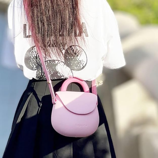 Fungoofun Cute Small Rubber Tote Shoulder Bag with Adjustable Strap - Waterproof and Washable EVA Mini Handbag for Women and Kids in Trendy Pastel Pink - M&M