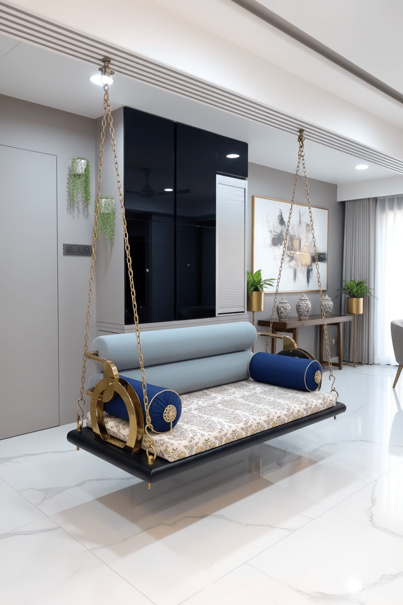 Luxury Indoor Ceiling Swing Sofa with Gold Chains | أرجوحة سقفية داخلية فاخرة بسلاسل ذهبية - M&M