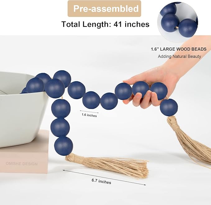 OMISHE Extra Large Wood Bead Garland in Navy Blue with 1.6" Diameter Wooden - M&M