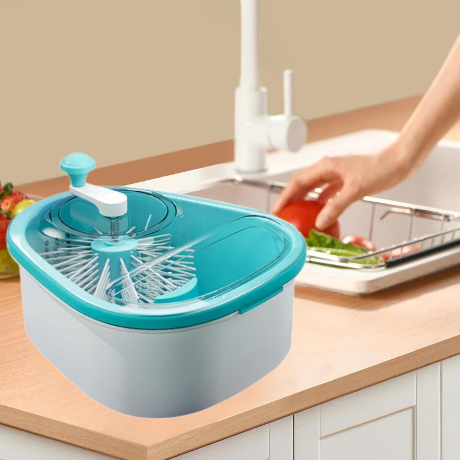 MYCENSE Multipurpose Drain Basket & Fruit Strainer with Cleaning Brush – Large Self - Draining Bowl with Anti - Slip Base, Blue - M&M