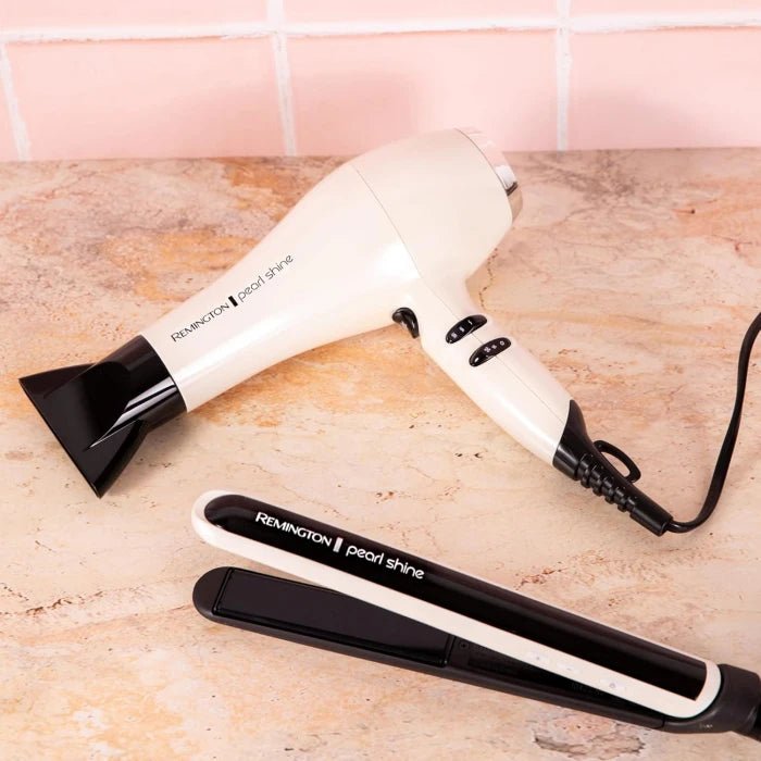 Remington Pearl Shine Hair Dryer, AC2405AU, Salon Professional Styling, 2000W (AU Plug) Turbo Power Fan for Fast Drying, Tourmaline Ceramic Technology Prevents Frizz, White - M&M