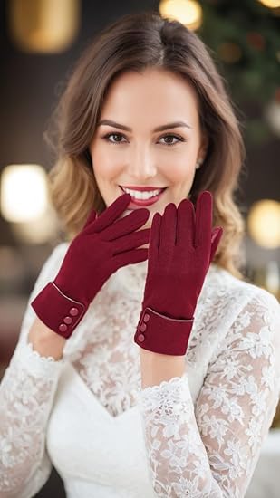 Winter Touchscreen Gloves, Fleece - Lined Windproof Plush Gloves with Button - M&M