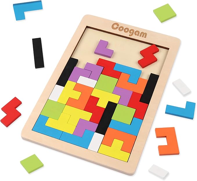 Coogam Wooden Tetris Puzzle Brain Teasers Toy Tangram Jigsaw Intelligence - M&M