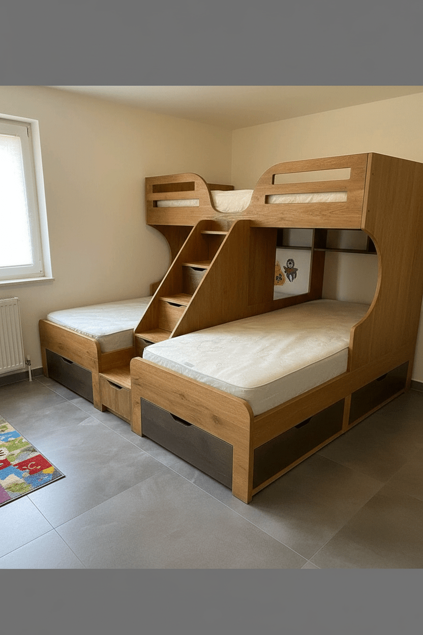 Triple Bunk Bed with Storage Staircase – Handcrafted Solid Oak | سرير ثلاثي بدرج تخزين – خشب بلوط صلب مصنوع يدوياً - M&M