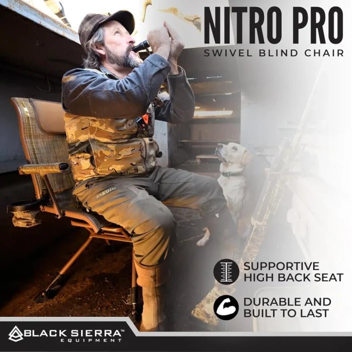 Black Sierra Nitro Pro XL 360° Silent Swivel Hunting & Fishing Chair – Padded, 300 Lbs Capacity, Armrests, Adjustable Legs, Cupholder & Carry Strap | UAE - M&M