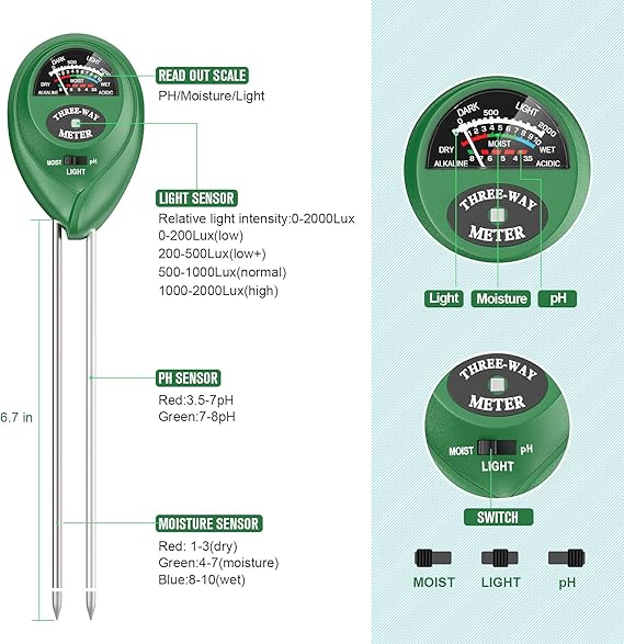 Atree Soil pH Meter, 3 - in - 1 Soil Tester Kits with Moisture,Light and PH Test - M&M