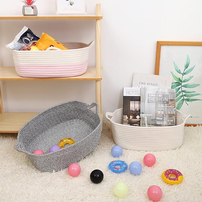 ABenkle Rope Storage Basket, Cotton Woven Pink Baby Girl Basket, Cube Soft - M&M